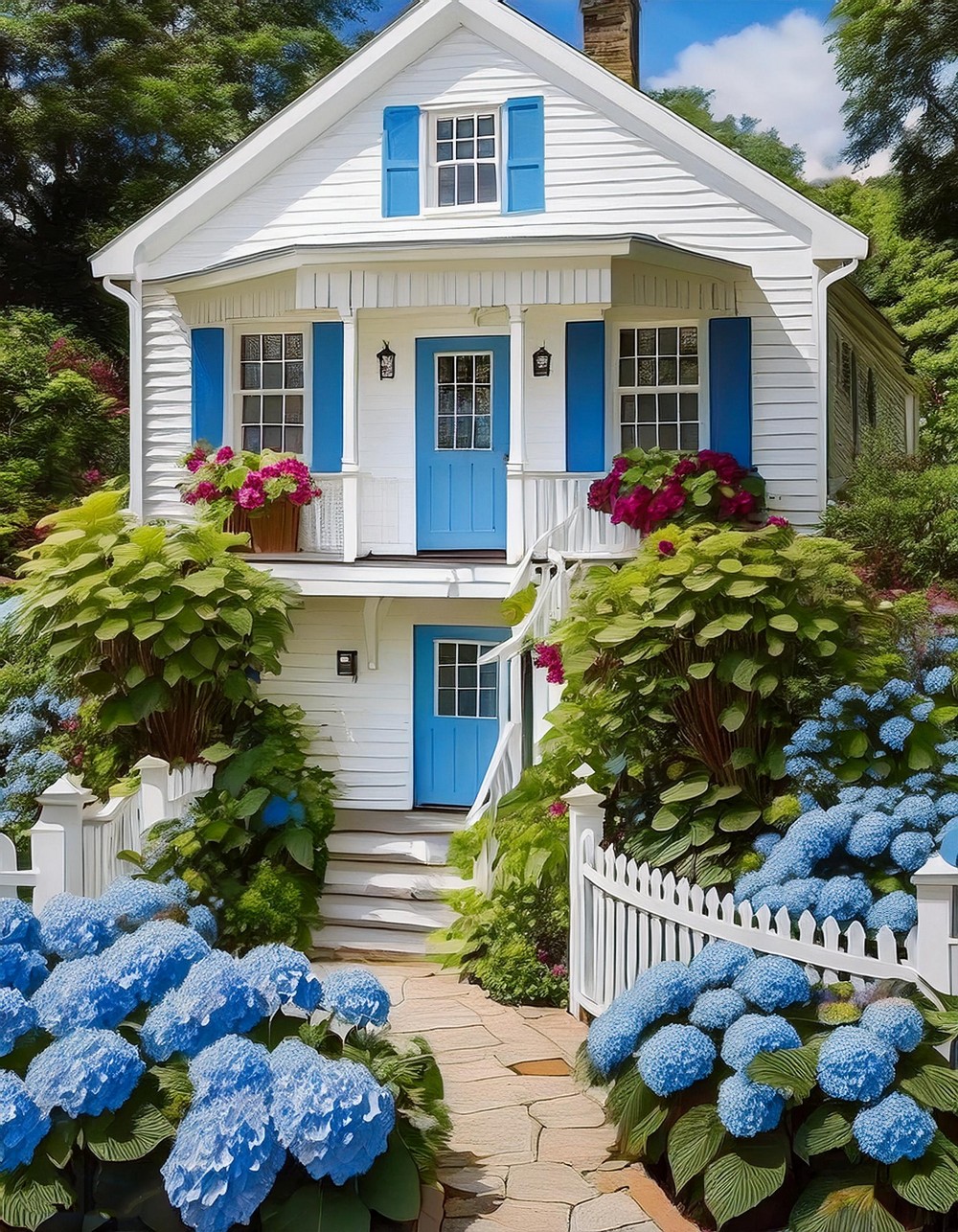 Coastal Cottage with Blue Hydrangeas and Variegated Hostas