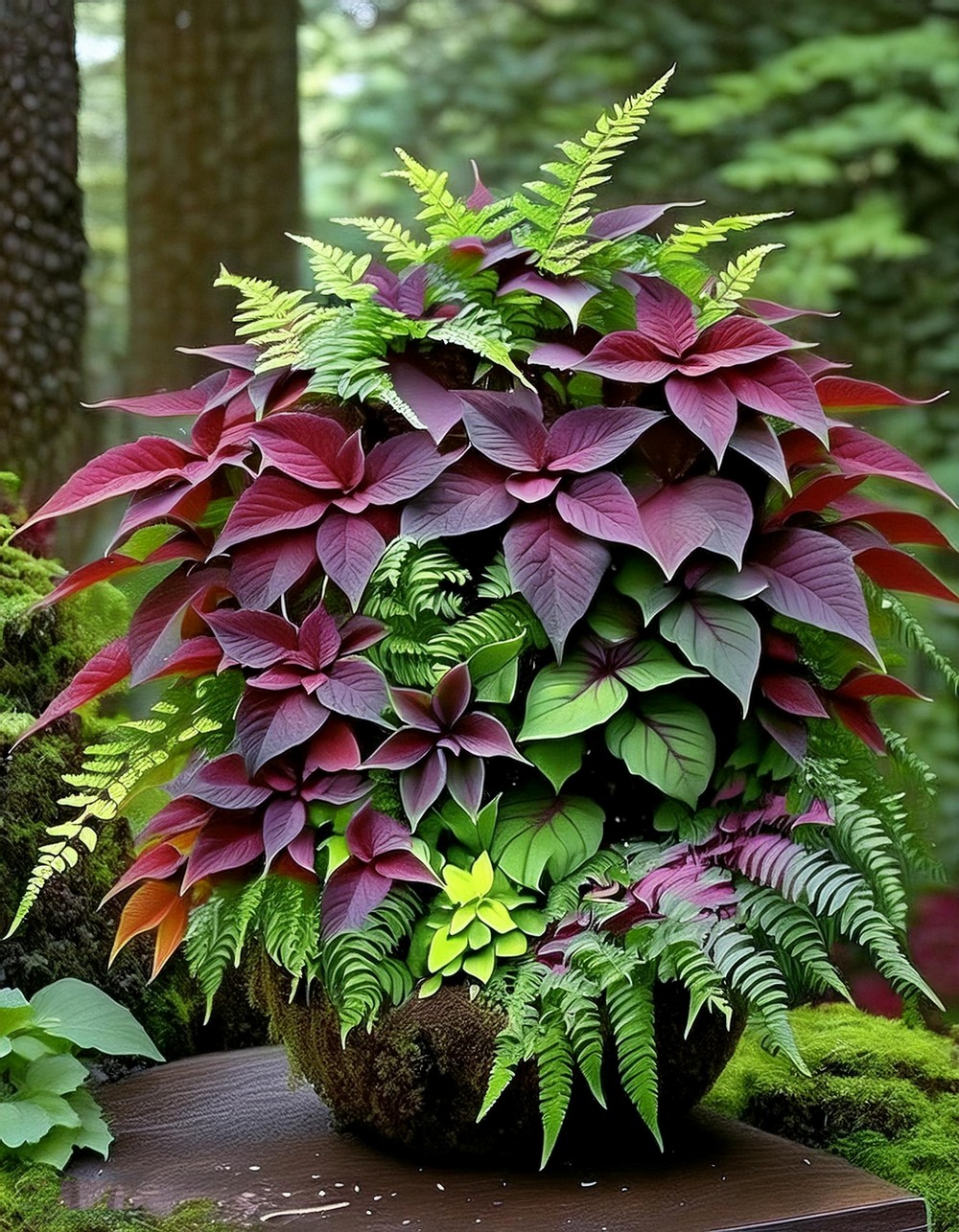Combine Coleus with Ferns and Moss