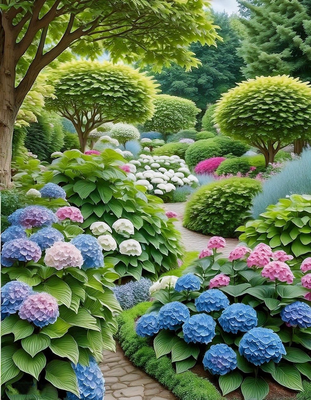 English Garden with Mophead Hydrangeas and Leafy Hostas