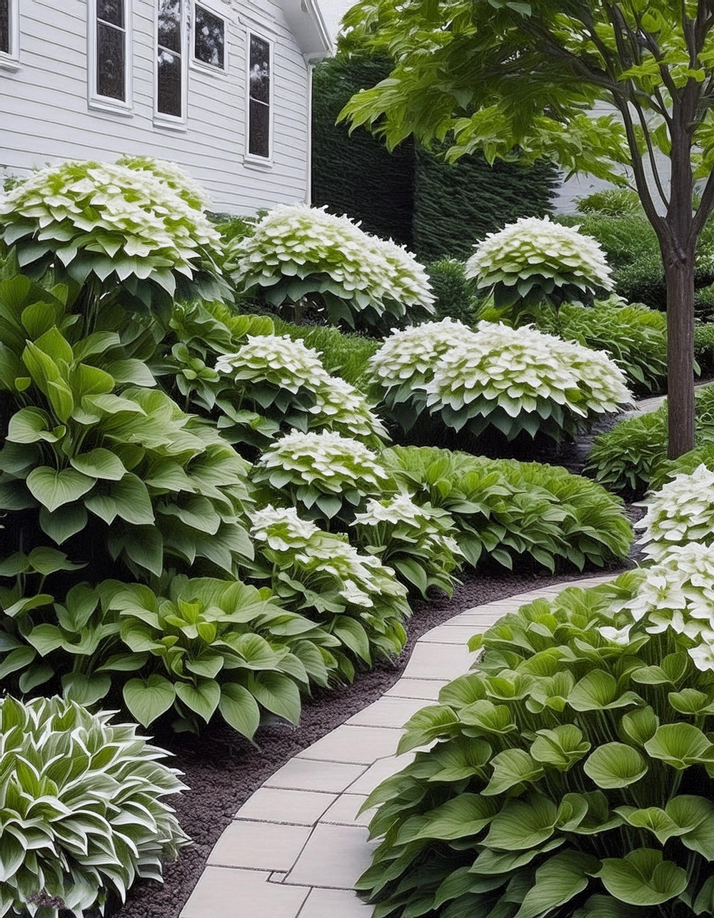 Modern Minimalist with Oakleaf Hydrangeas and Compact Hostas