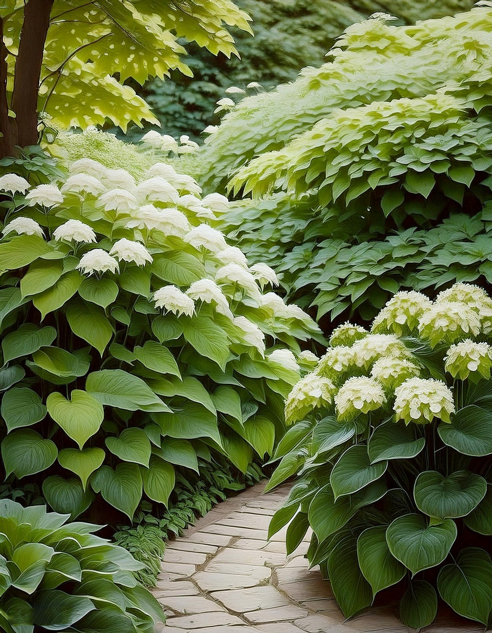 Rustic Charm with Annabelle Hydrangeas and Giant Hostas