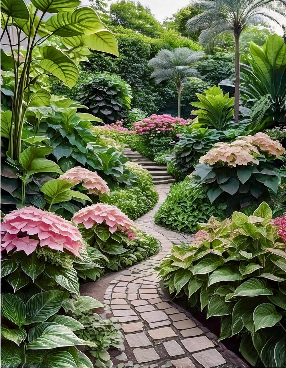 Tropical Oasis with Pink Hydrangeas and Patterned Hostas