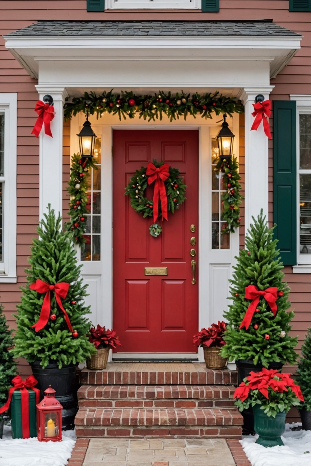 Classic Christmas Porch with Red and Green Decorations