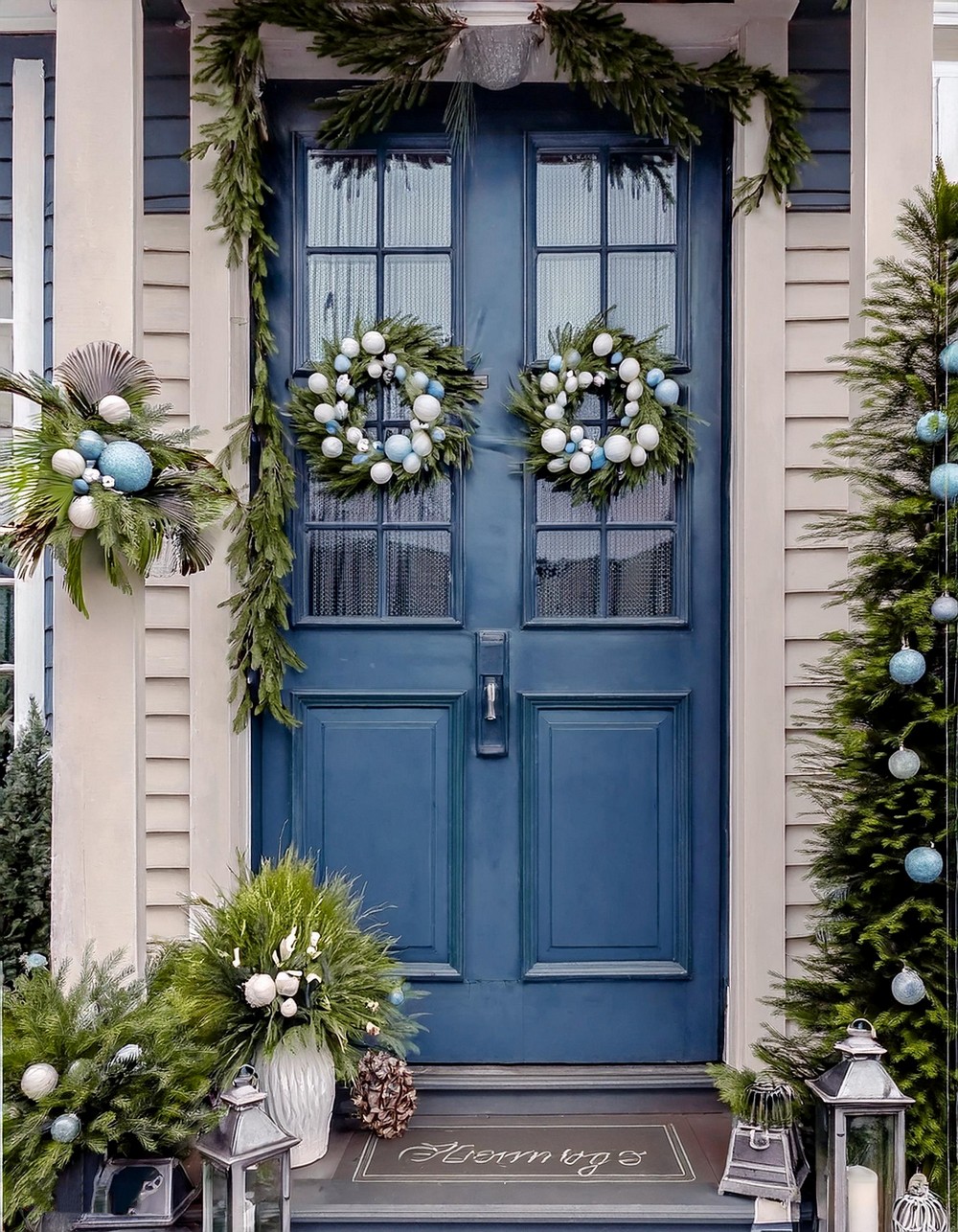 Coastal Christmas Porch with Blues and Whites