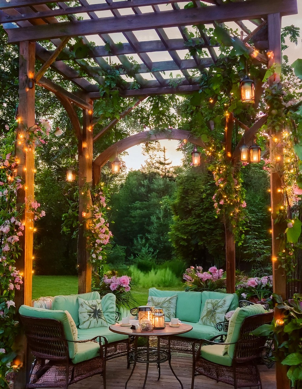 Corner Pergola with Blooming Flowers