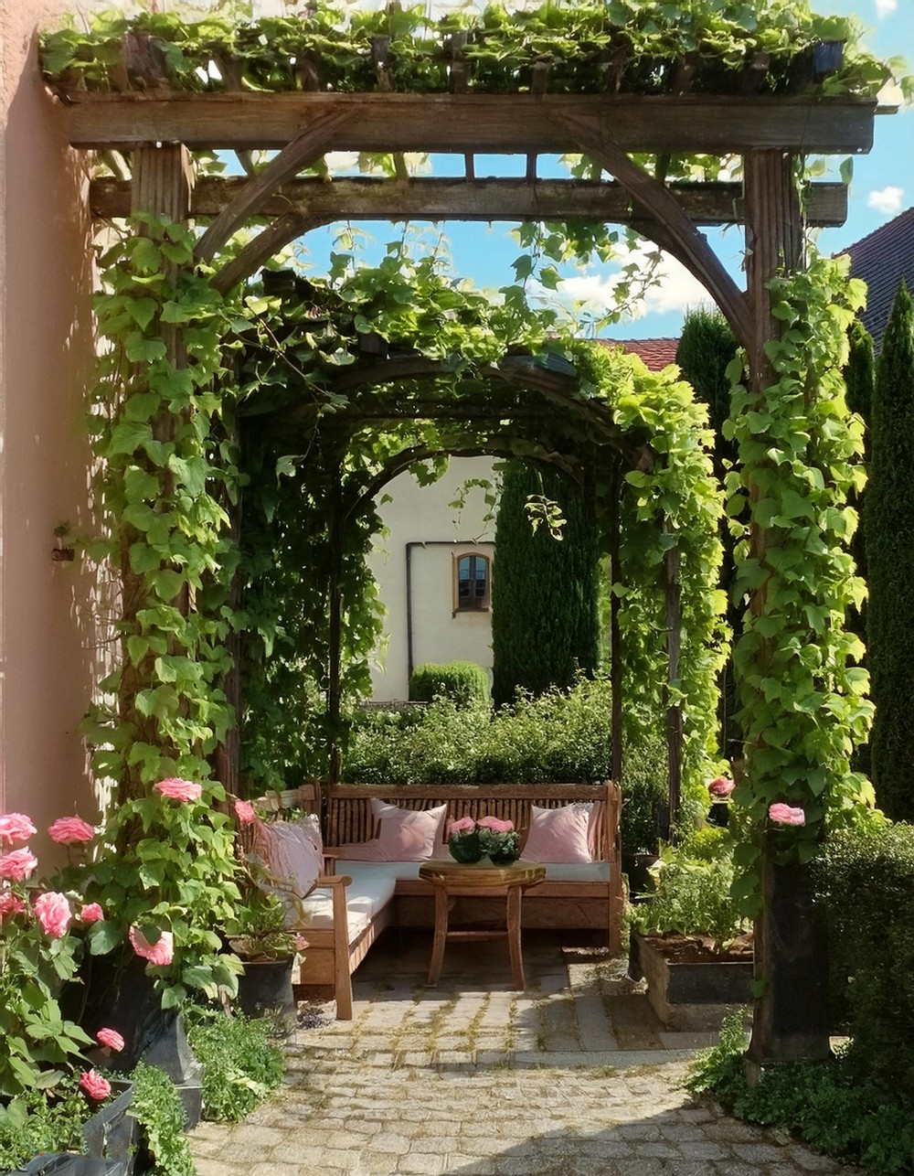 Corner Pergola with Climbing Vines