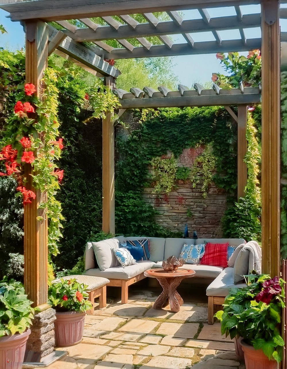 Corner Pergola with Natural Stone Columns