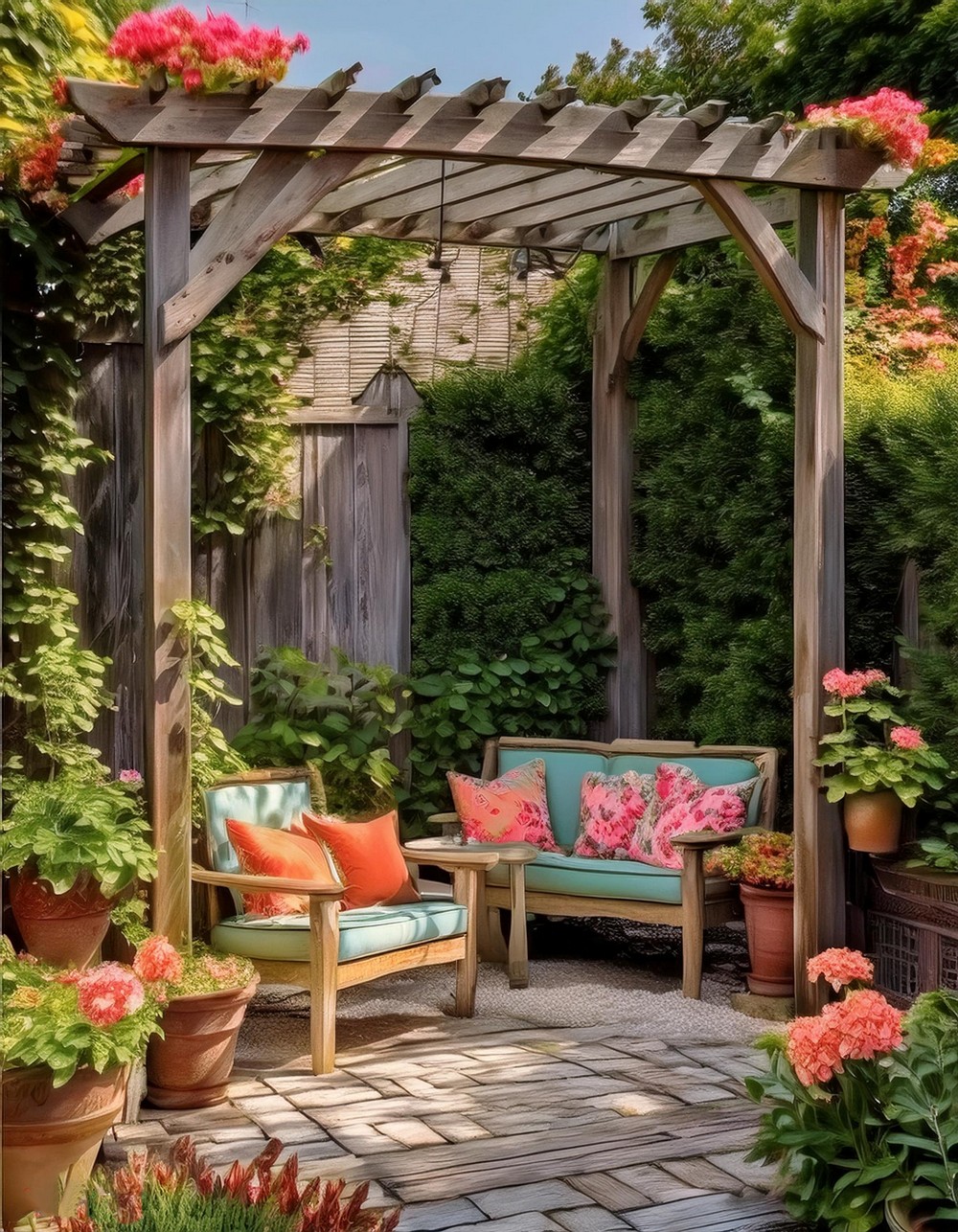 Corner Pergola with Weathered Wood Accents