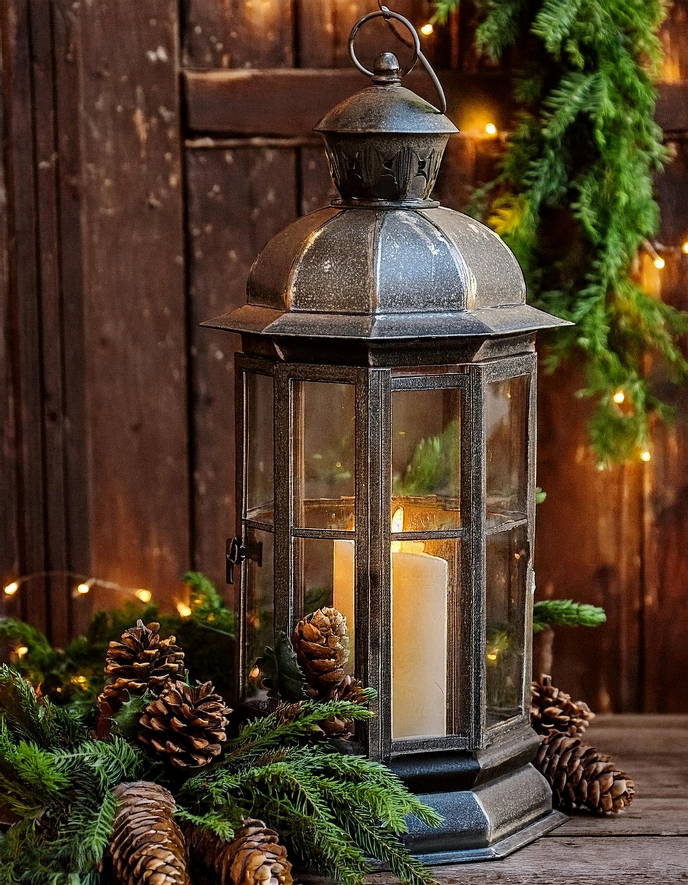 Distressed Metal Lanterns with Candles and Greenery