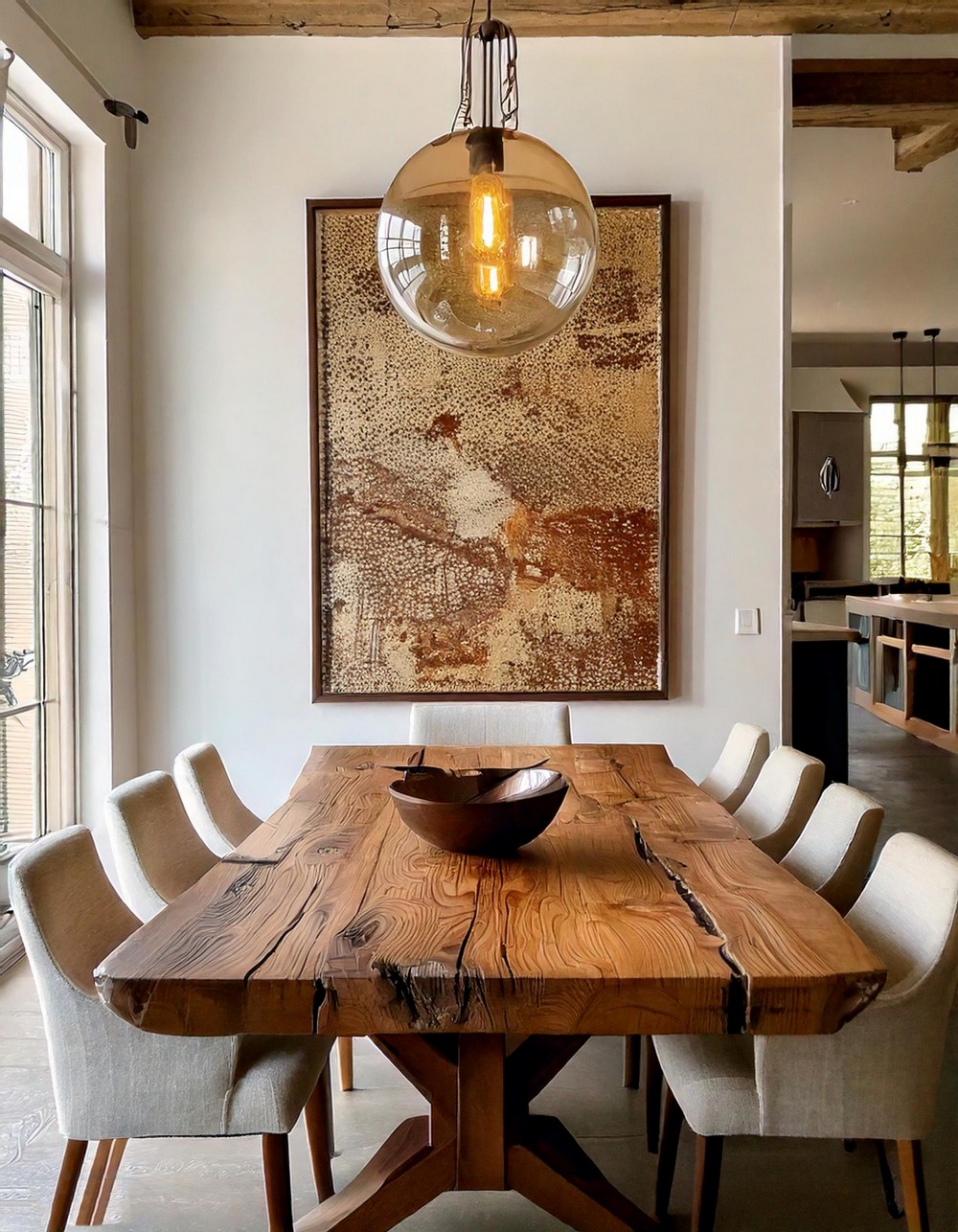 Elegant Dining Room With Reclaimed Wood And Eclectic Wall Art