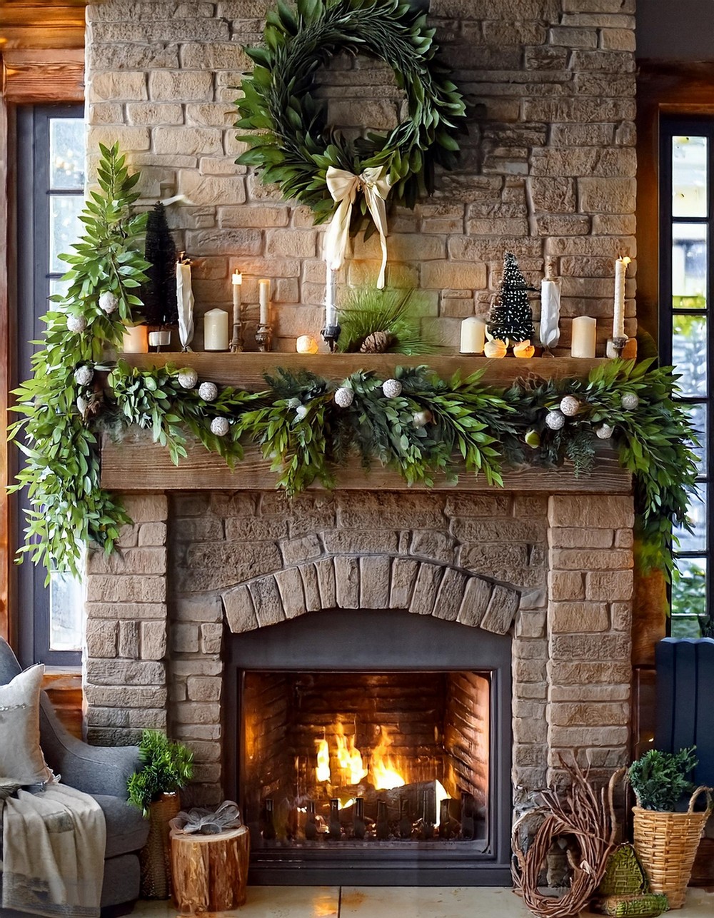 Farmhouse-Style Mantel Decor with Garlands and Stockings