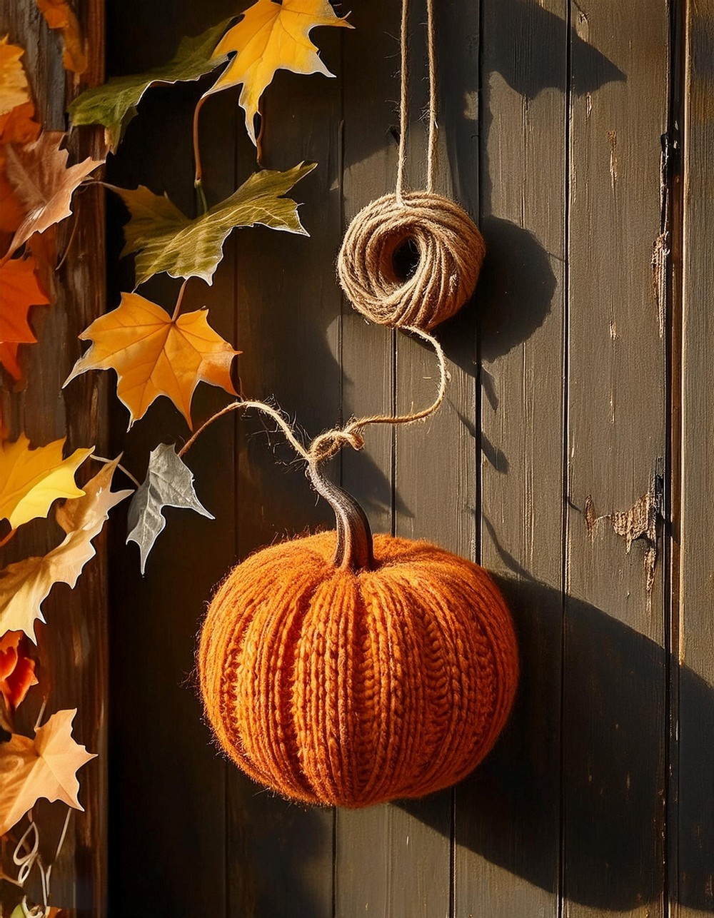 Faux Pumpkin Door Hanger with Yarn and Stick