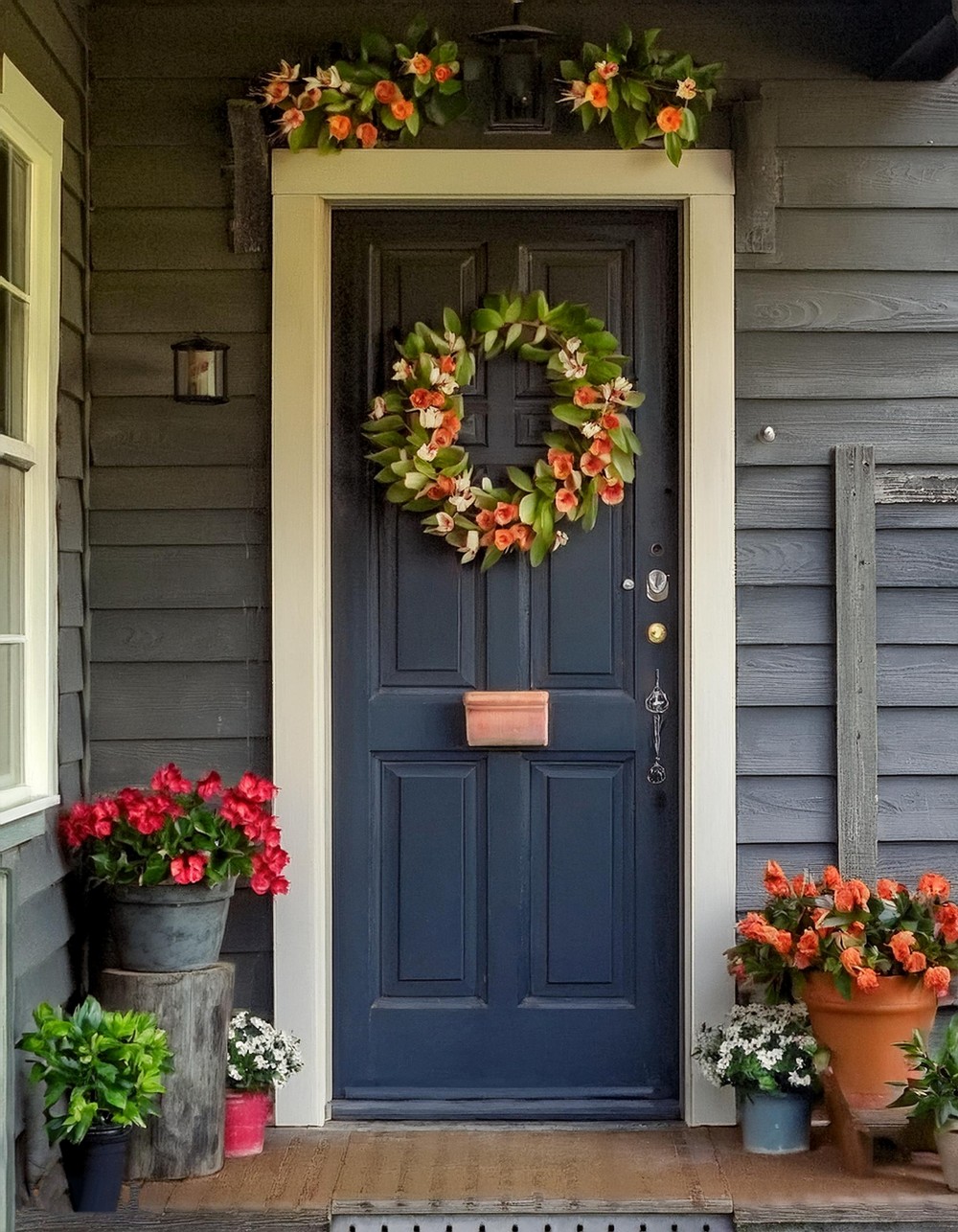 Floral Wreath on Old Wooden Door