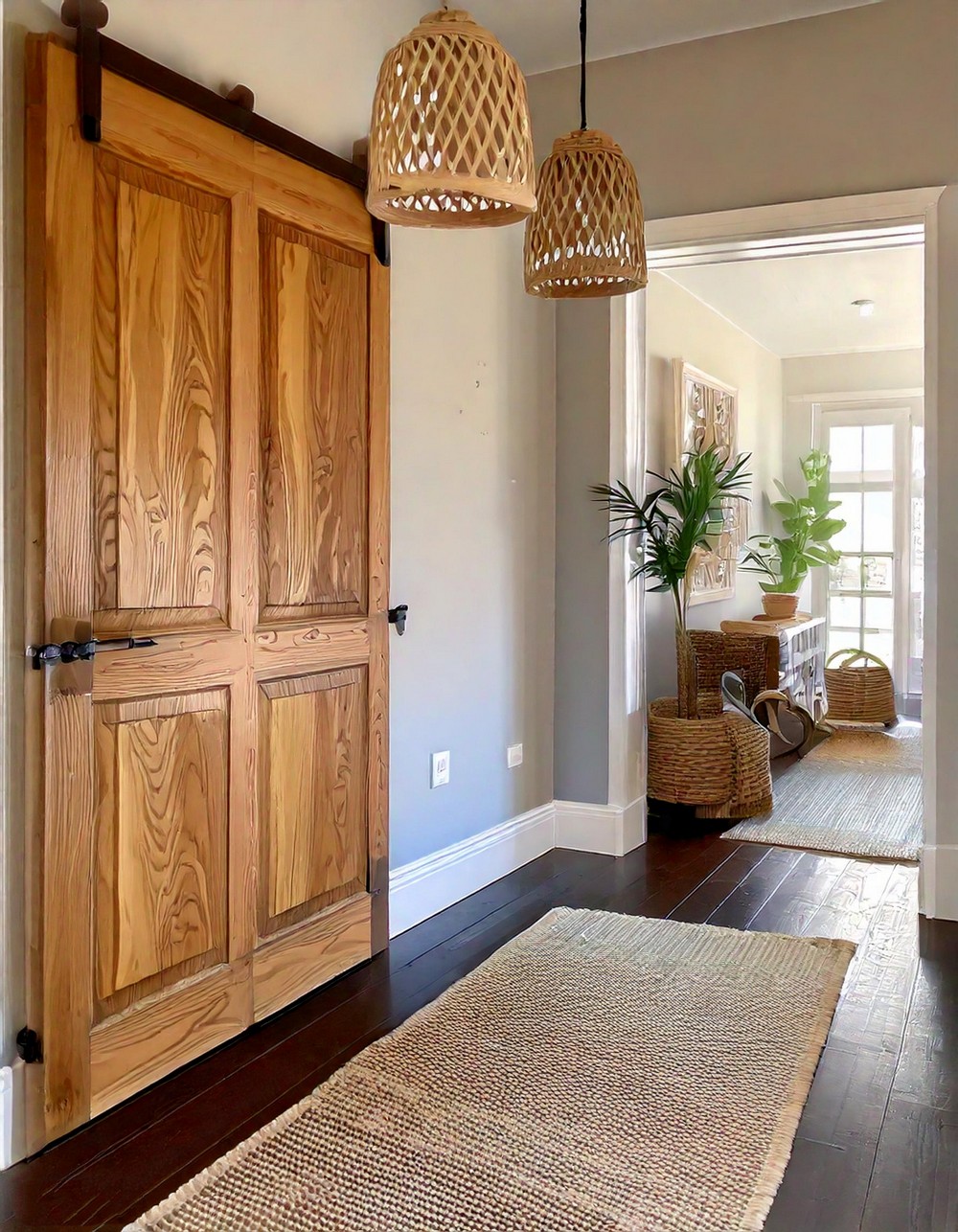 Hallway With Sliding Barn Doors And Rustic Pendant Lighting