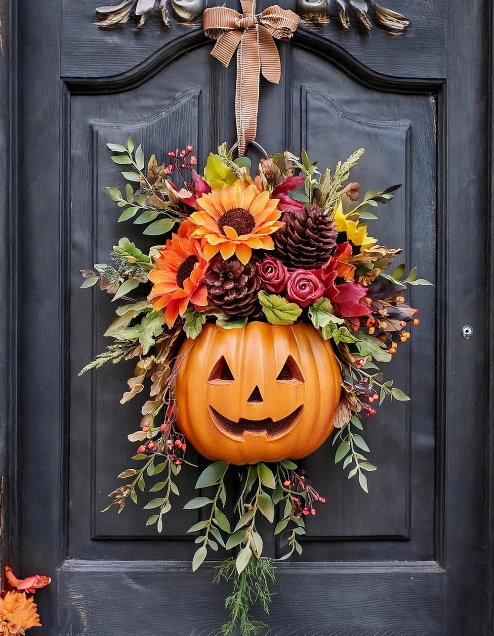 Mini Pumpkin Door Hanger with Floral Arrangement