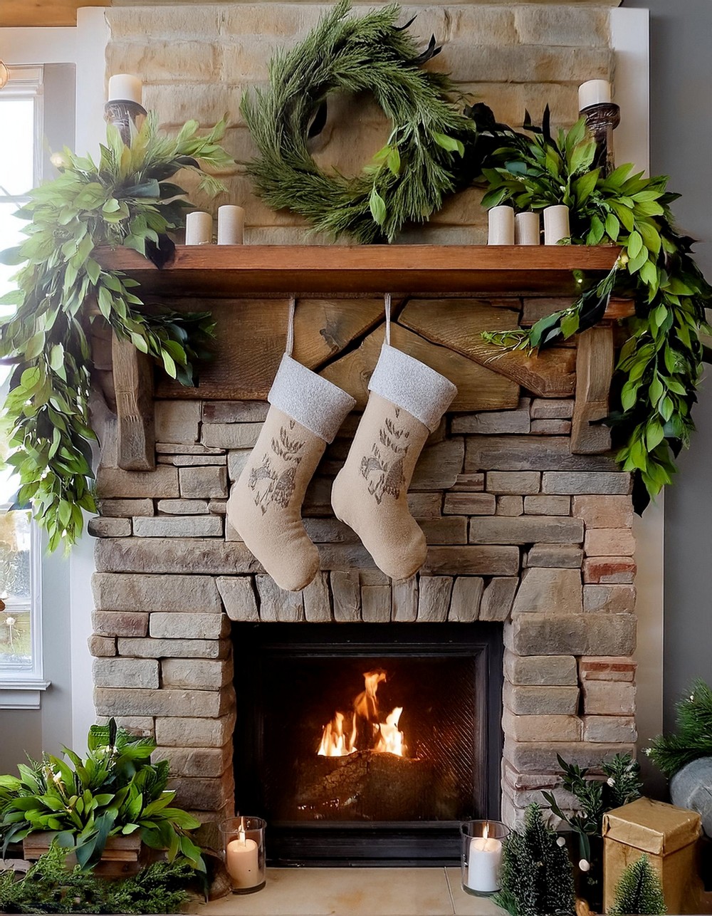 Monogrammed Stockings and Greenery