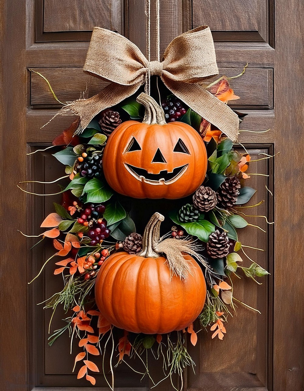 Nature-Inspired Pumpkin Door Hanger with Twig and Leaves