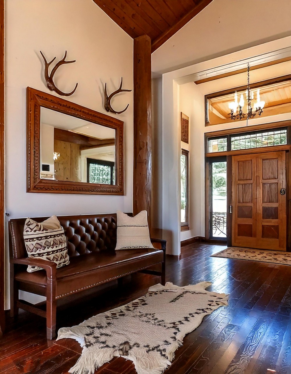 Oversized Barn-Style Entryway With Wooden Bench And Mirror Accents