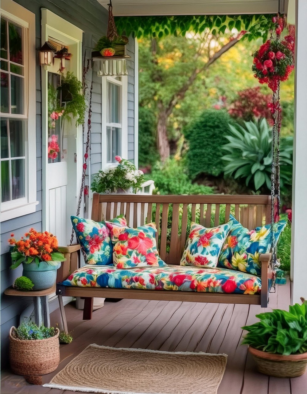 Porch Swing with Floral Pillows and Throws