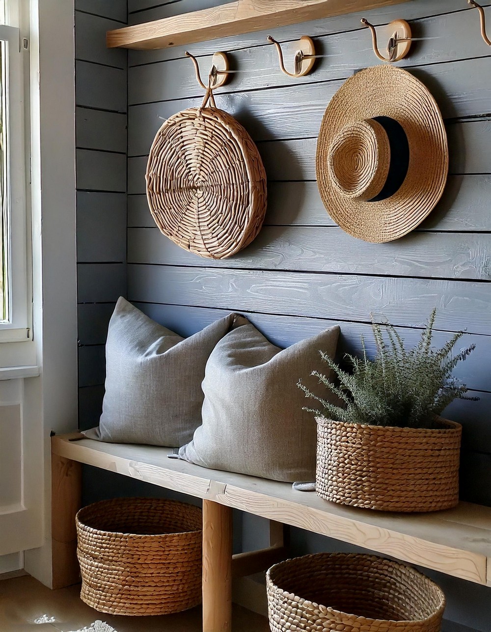 Ranch-style Mudroom With Hooks, Woven Baskets, And Wood Benches