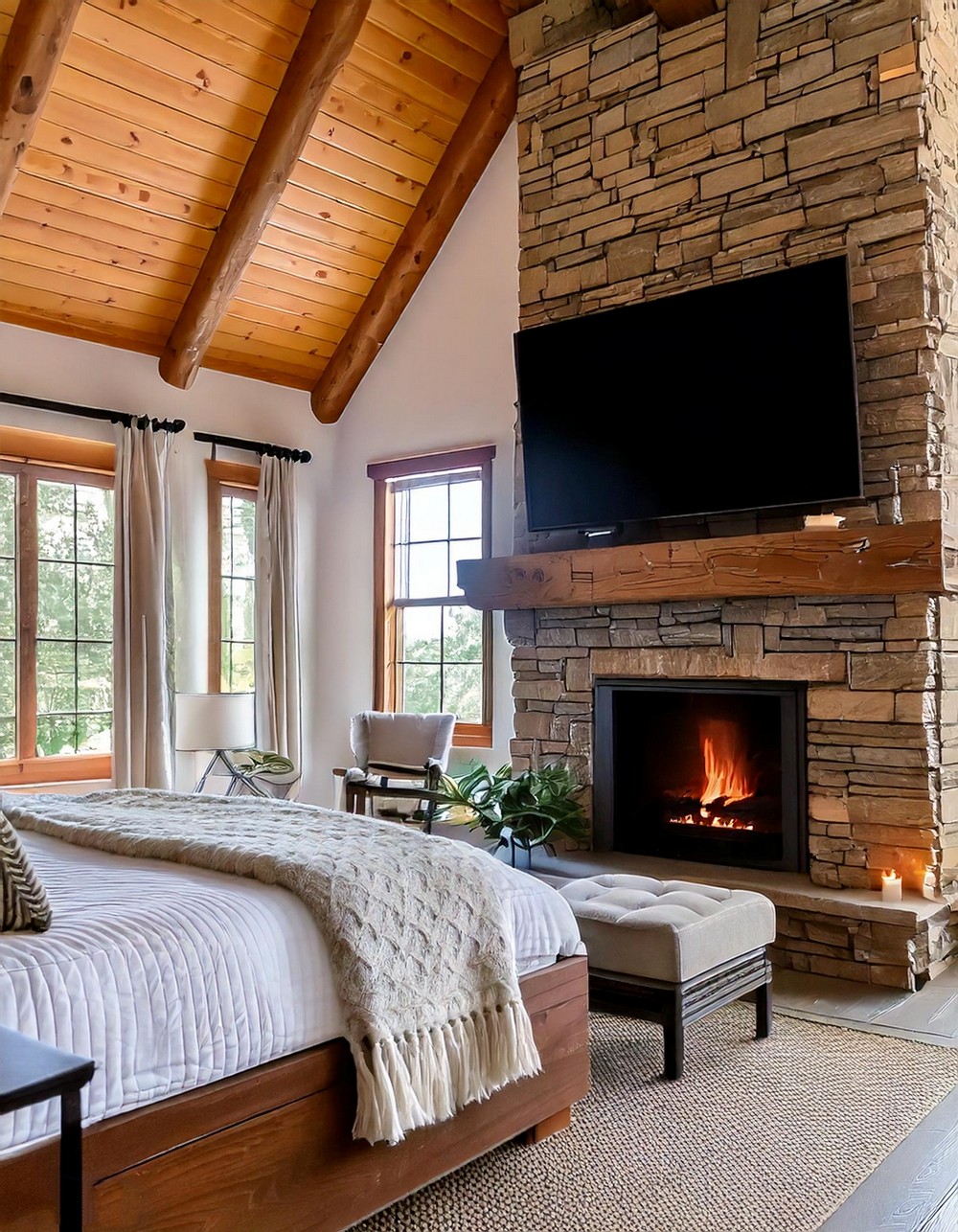 Rough-hewn Wooden Beams And Fur-covered Bed For Cabin Warmth