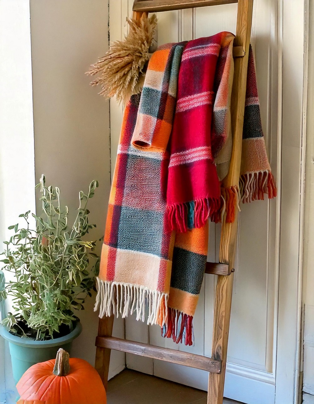 Rustic Blanket Display on Ladder