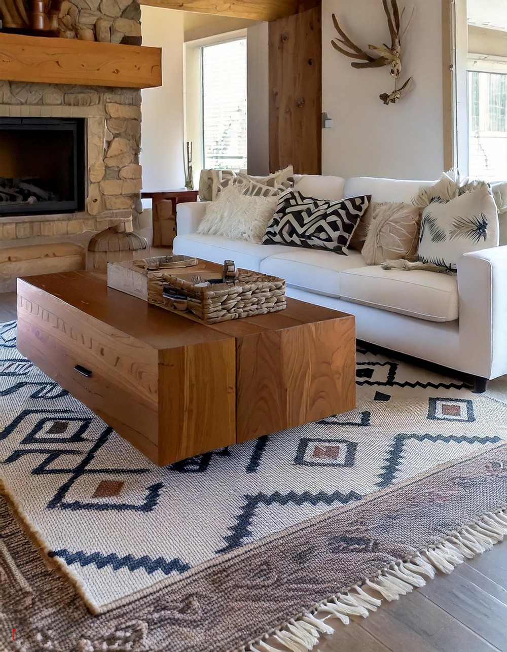 Rustic Living Room With Navajo-inspired Patterned Rugs And Cozy Sofas