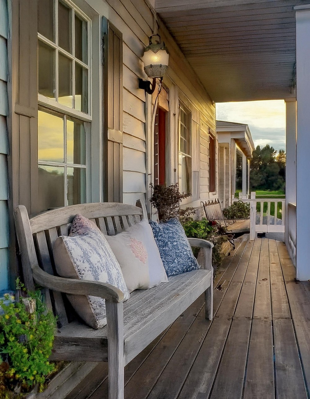 Rustic Wooden Benches with Vintage Pillows