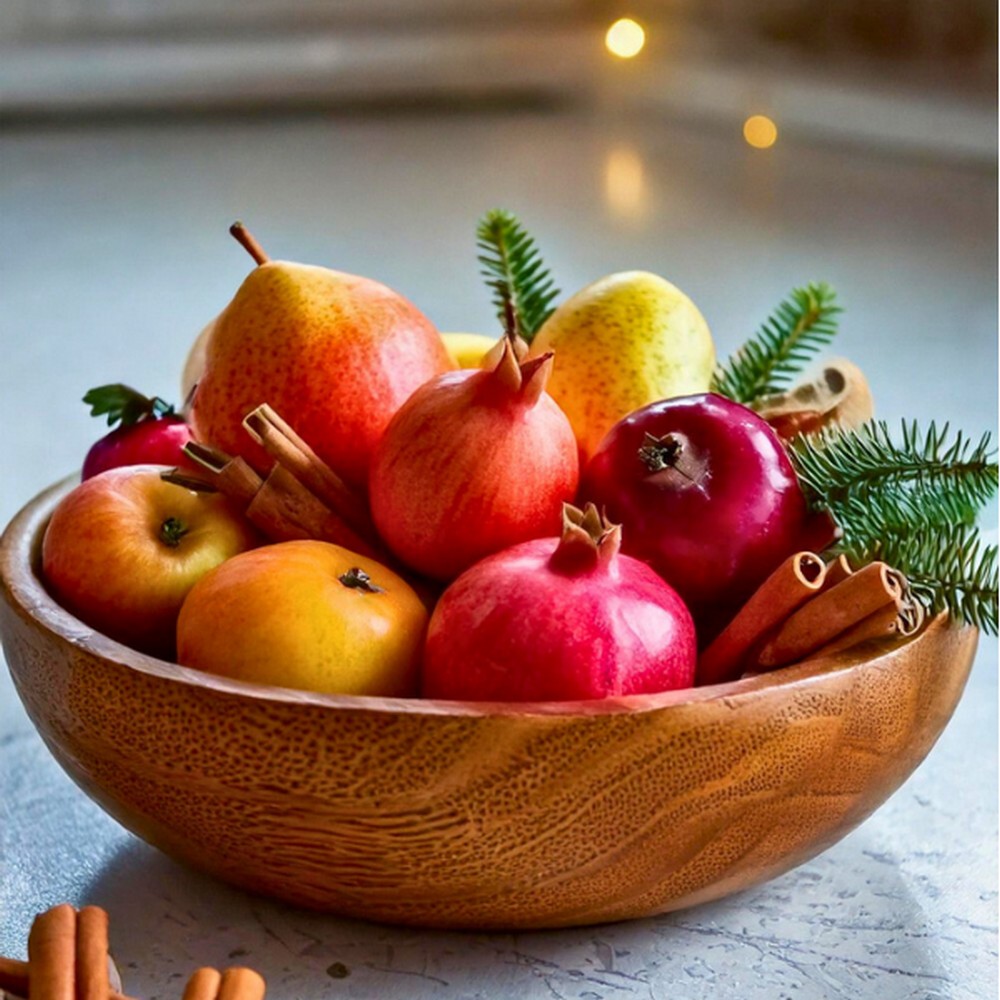 Seasonal Fruit in Wood Bowl