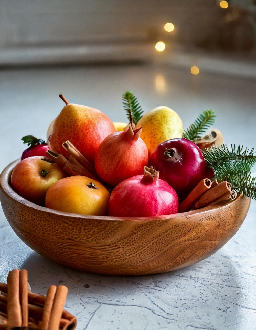 Seasonal Fruit in Wood Bowl