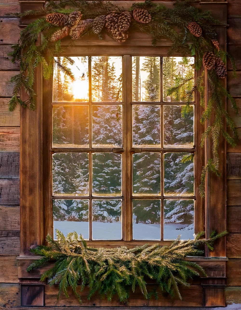 Vintage Window Displays with Evergreen and Pinecones