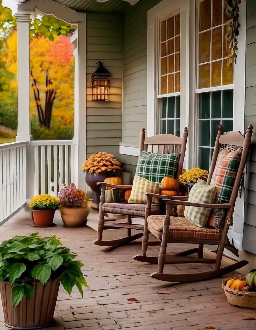 Wooden Rocking Chairs with Plaid Cushions