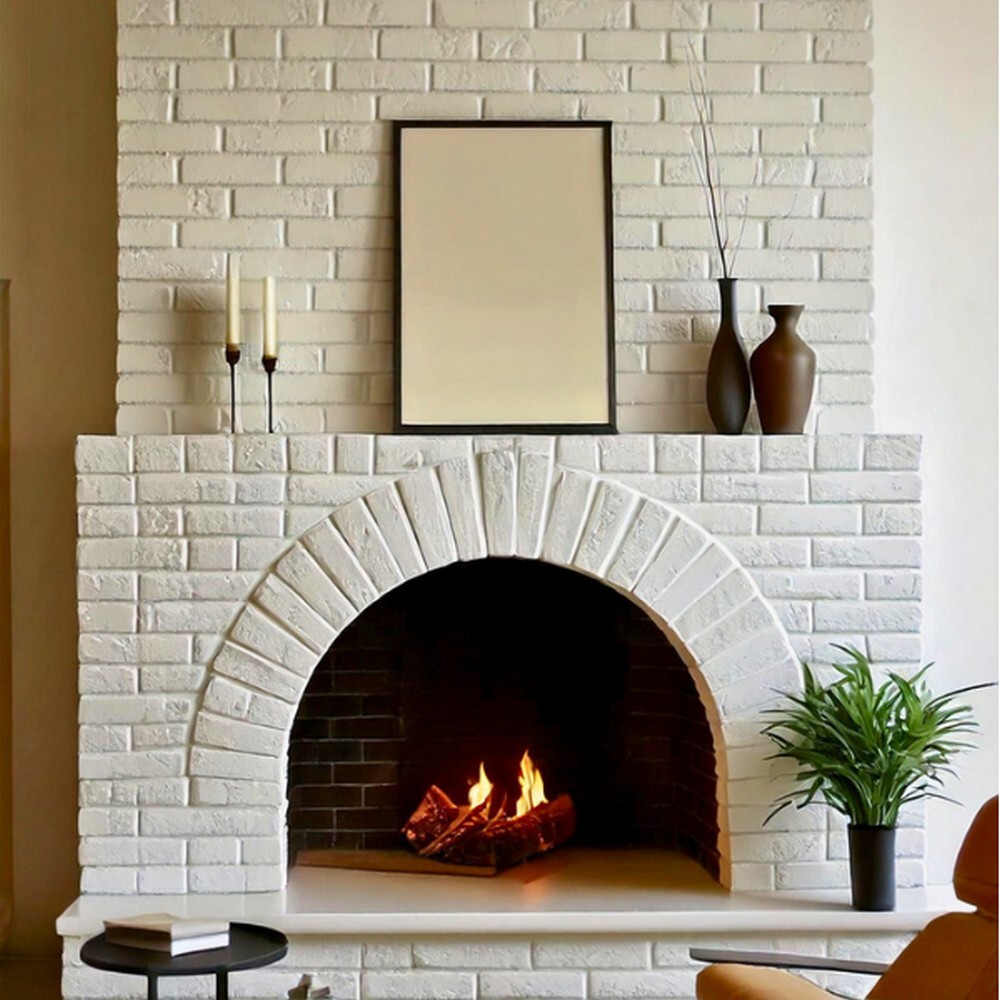 Arched White Brick Fireplace With Minimalist Mid-century Furniture