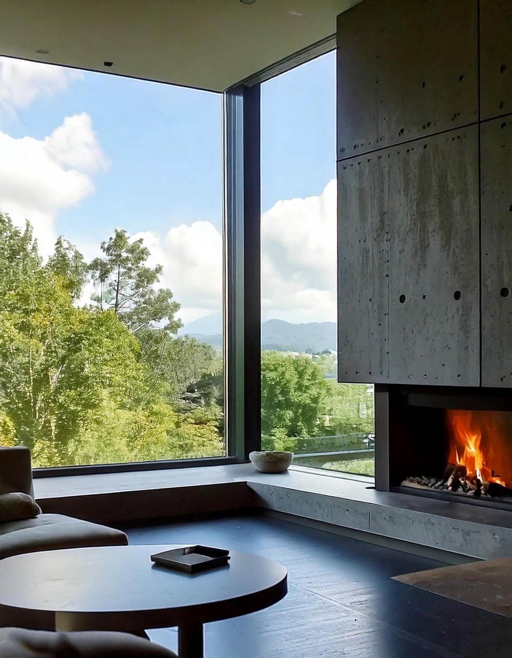 Cantilevered Concrete Fireplace With Panoramic Nature Views