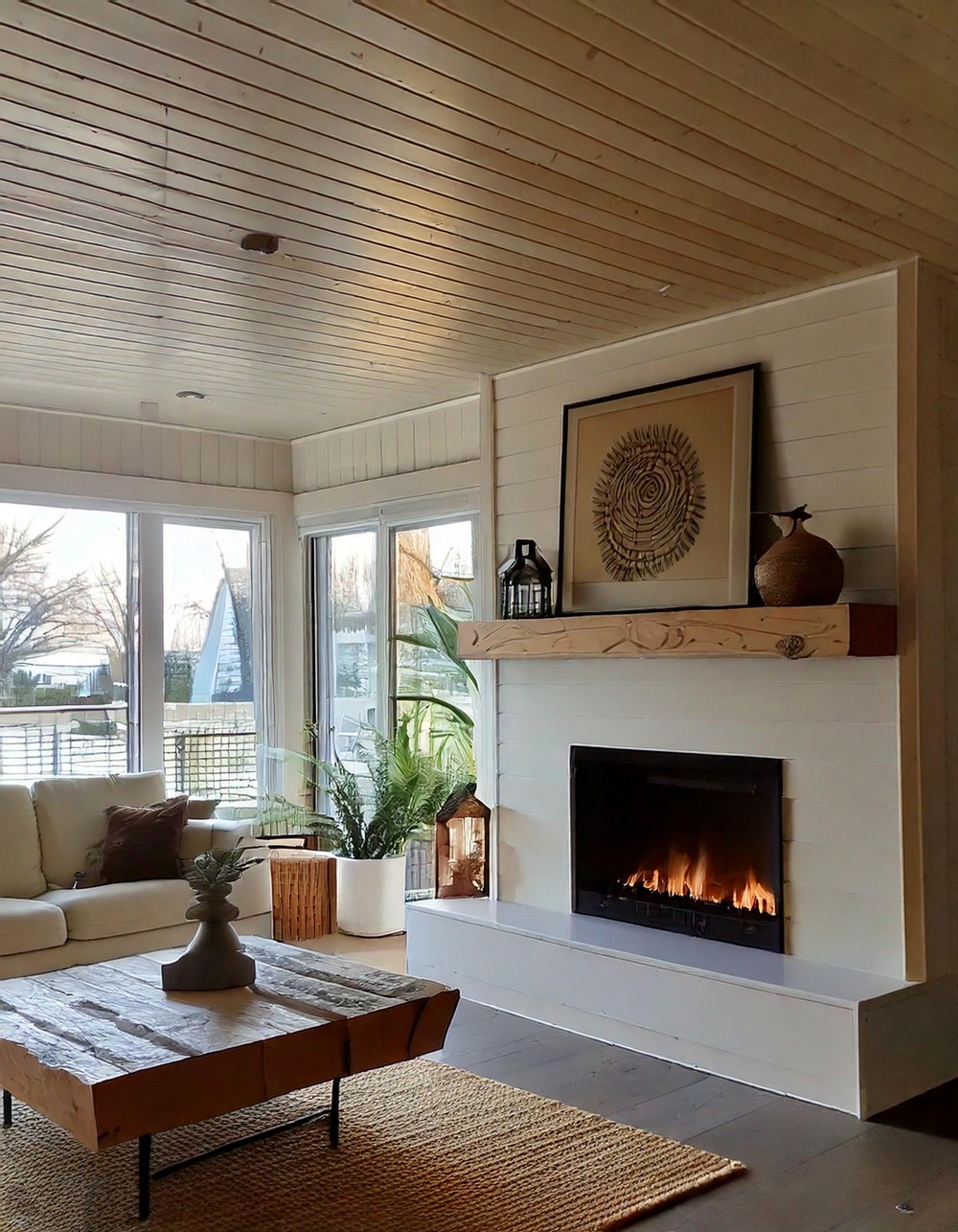Minimalist White Linear Fireplace With Floating Wooden Mantel Shelves