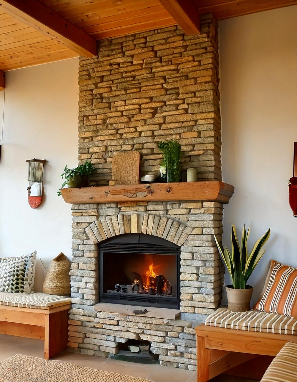 Rustic Stone Fireplace With Integrated Wooden Storage Bench