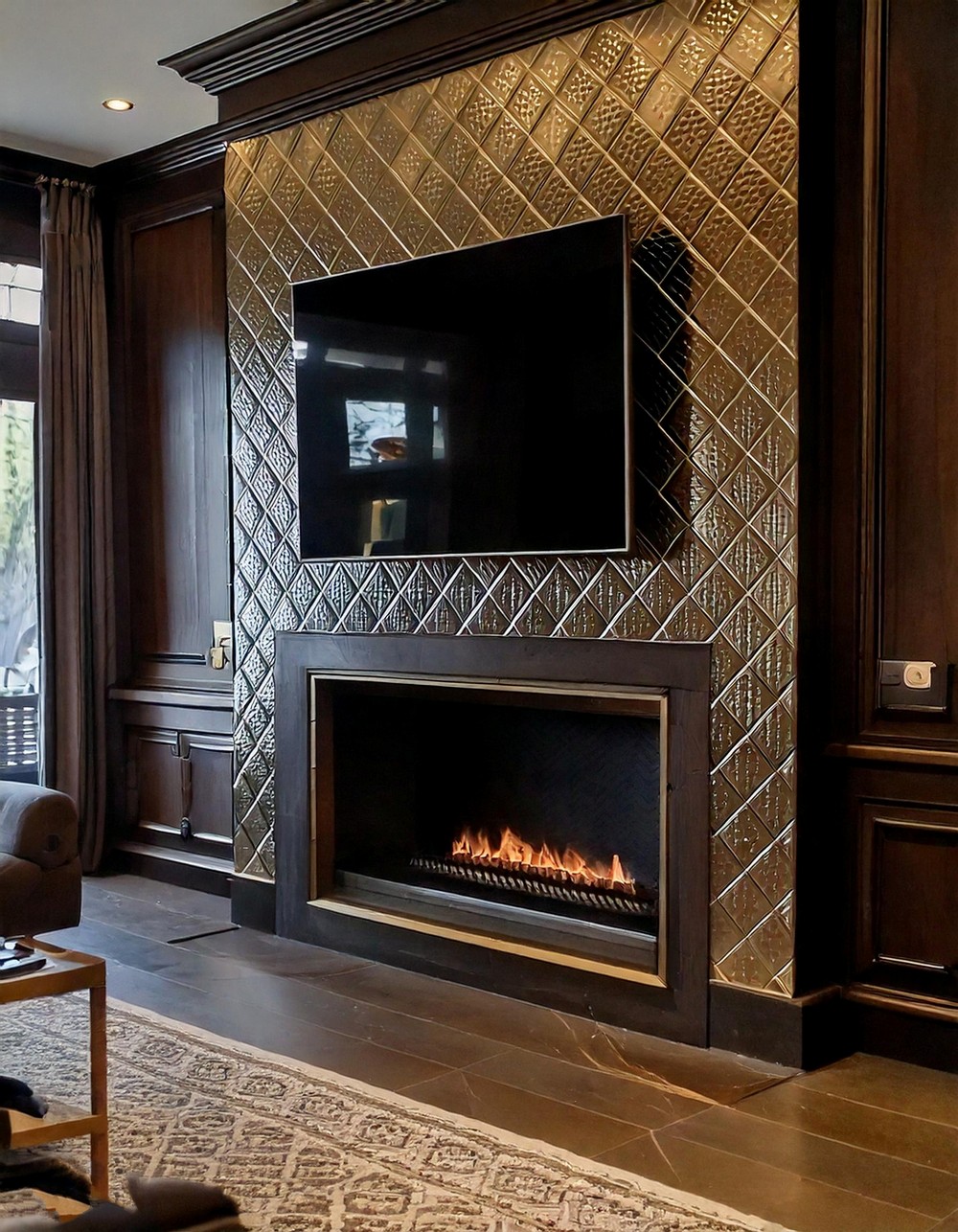 Vintage Tile Mosaic Fireplace With Brass Decorative Elements