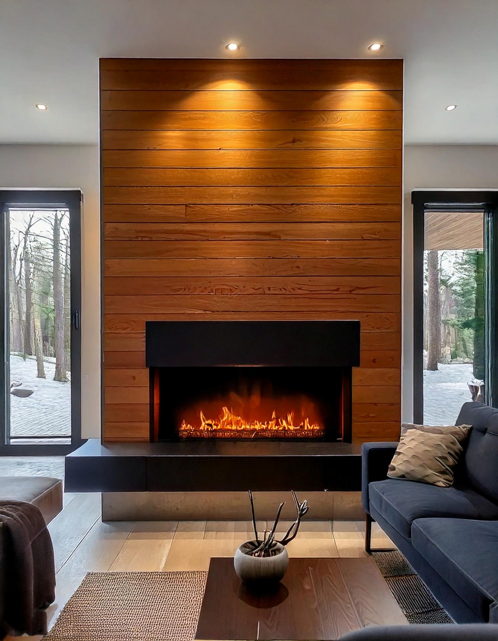 Walnut-paneled Accent Wall Surrounding Modern Linear Fireplace