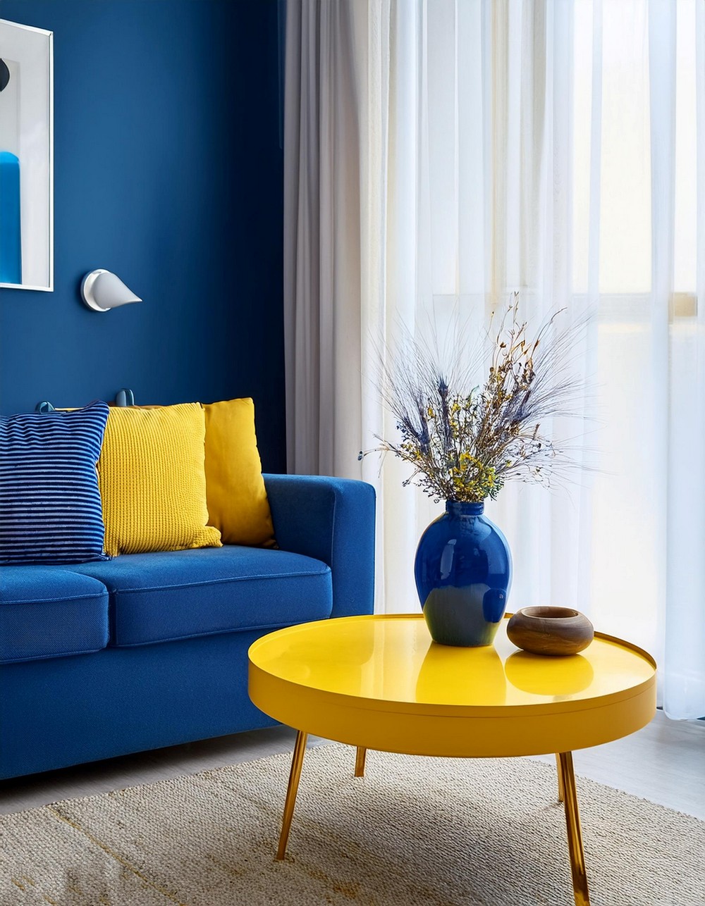Bold Yellow Coffee Table with Royal Blue Vase