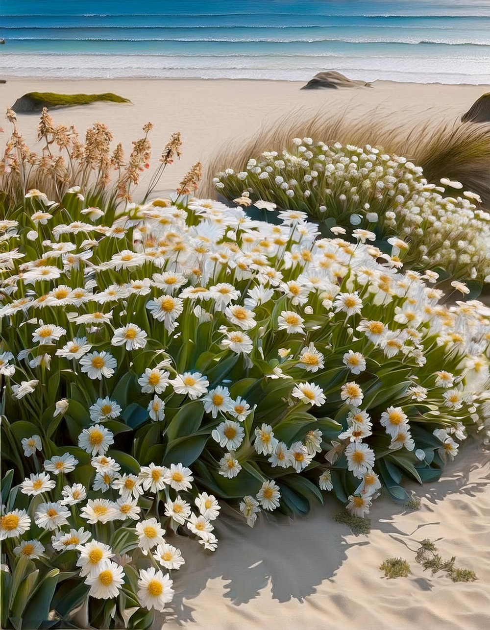 Coastal Charm White Blooms Amidst Sand and Sea
