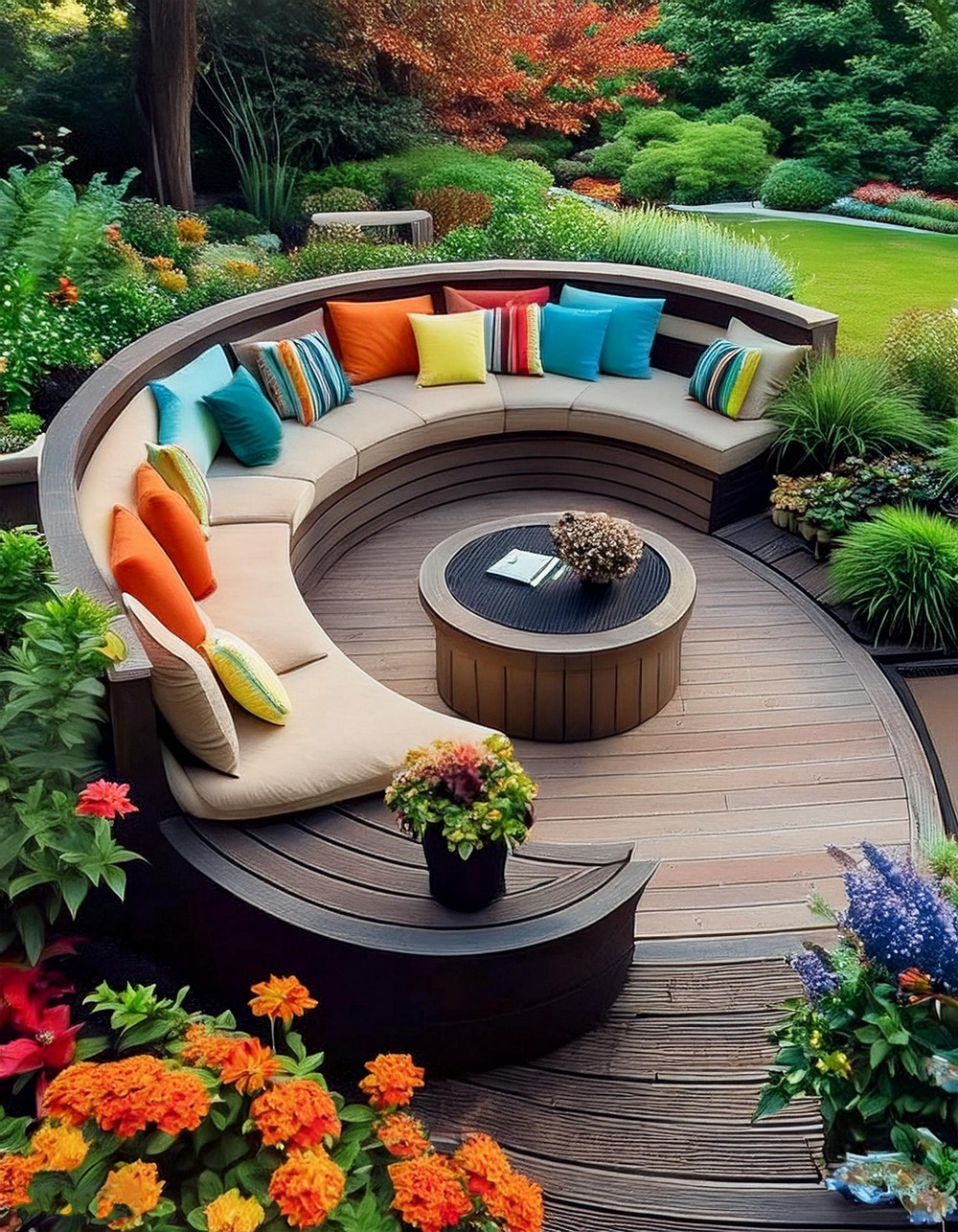 Curved Deck with Built-in Benches