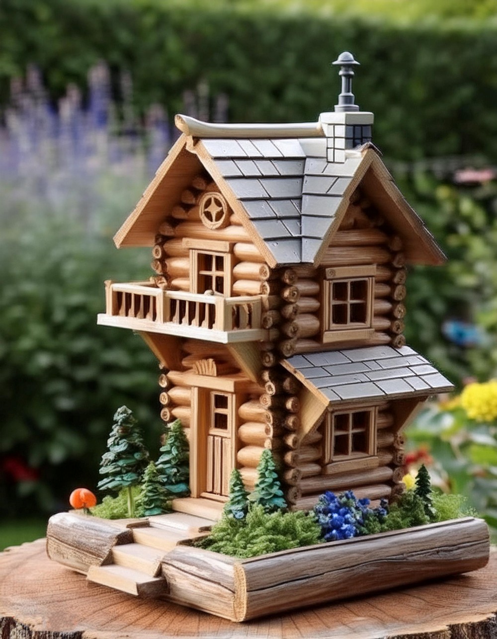 Miniature Log Cabin Birdhouse with Tiny Porch