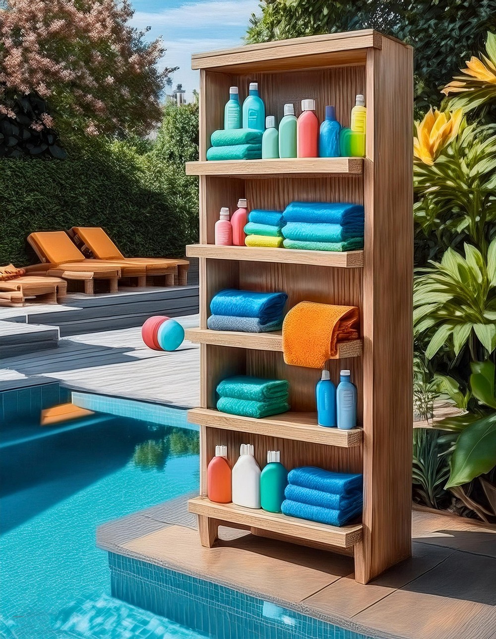 Poolside Shelving Units with Towel Bars