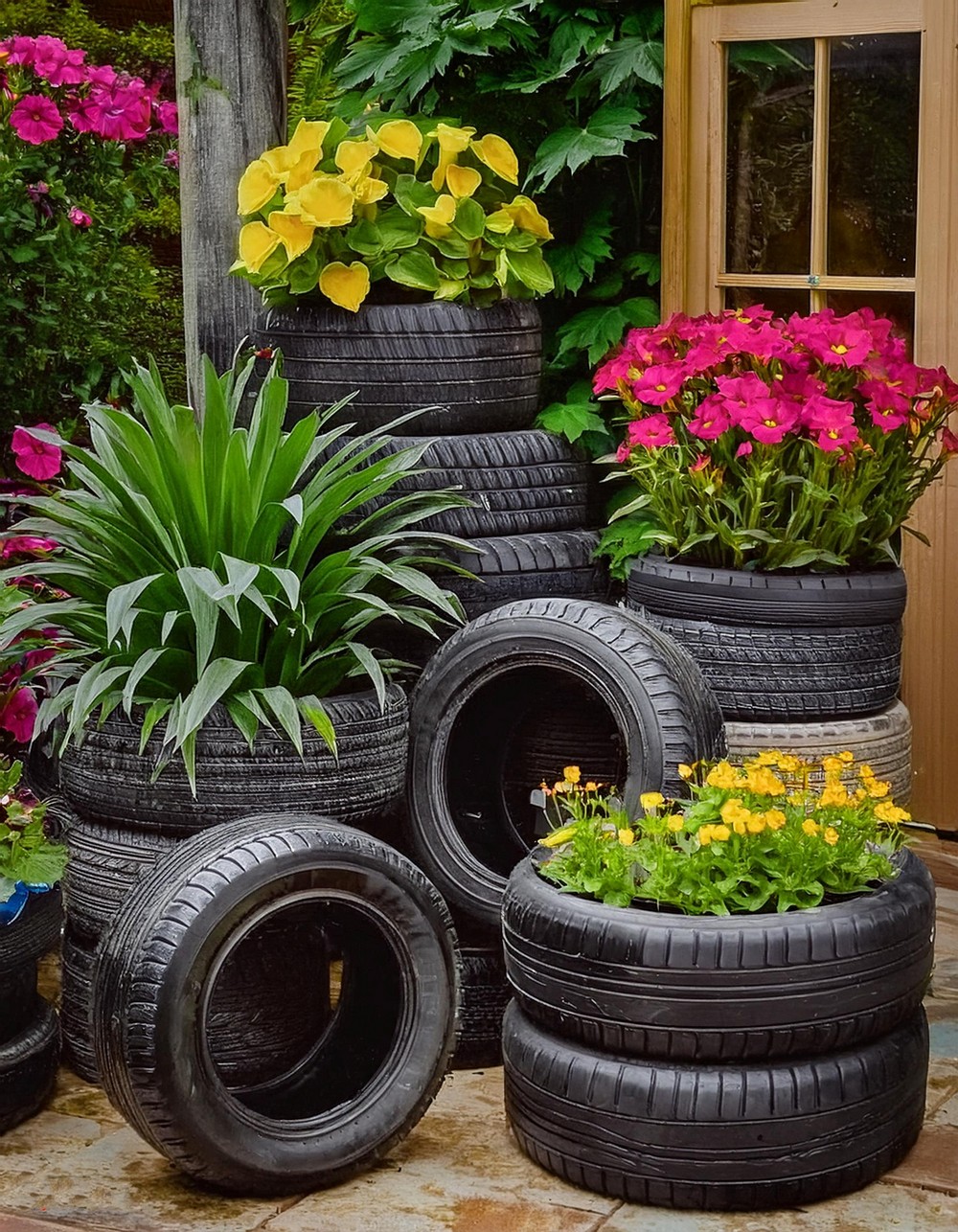 Repurposed Items (e.g., old tires, buckets)