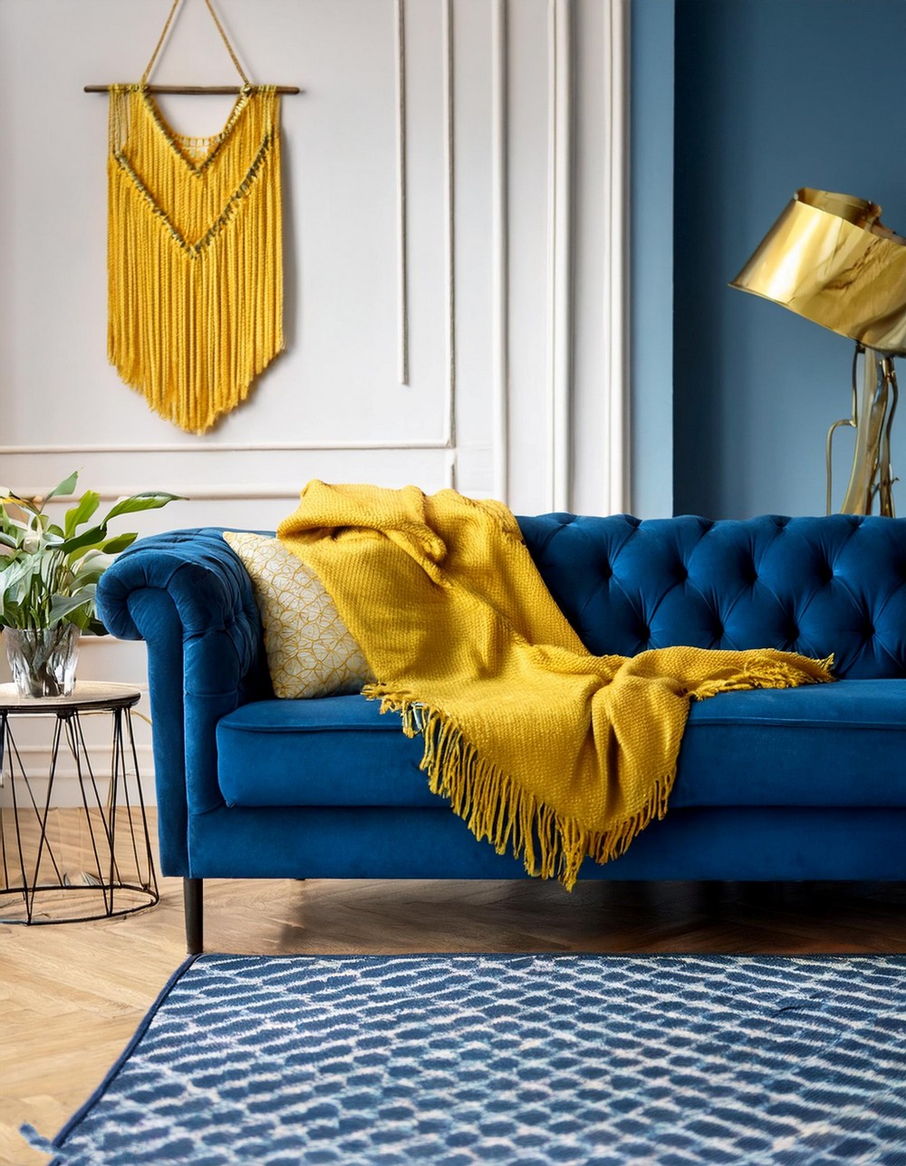 Royal Blue Velvet Sofa with Yellow Patterned Blanket