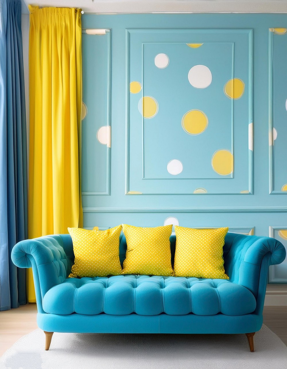 Sky Blue And Yellow Polka Dot Patterned Sofa