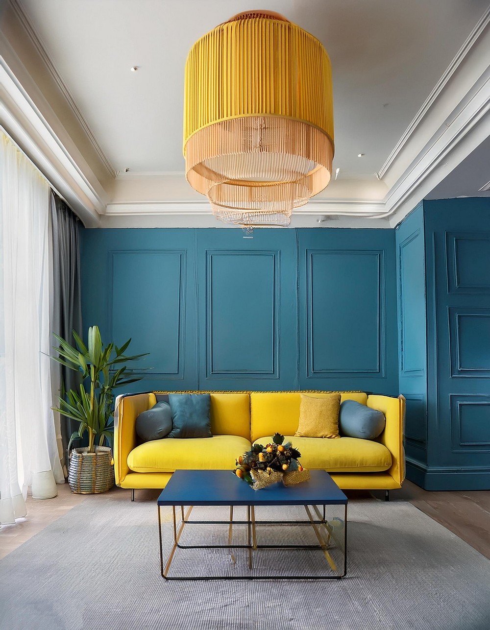 Soft Blue Ceiling with Yellow Chandelier