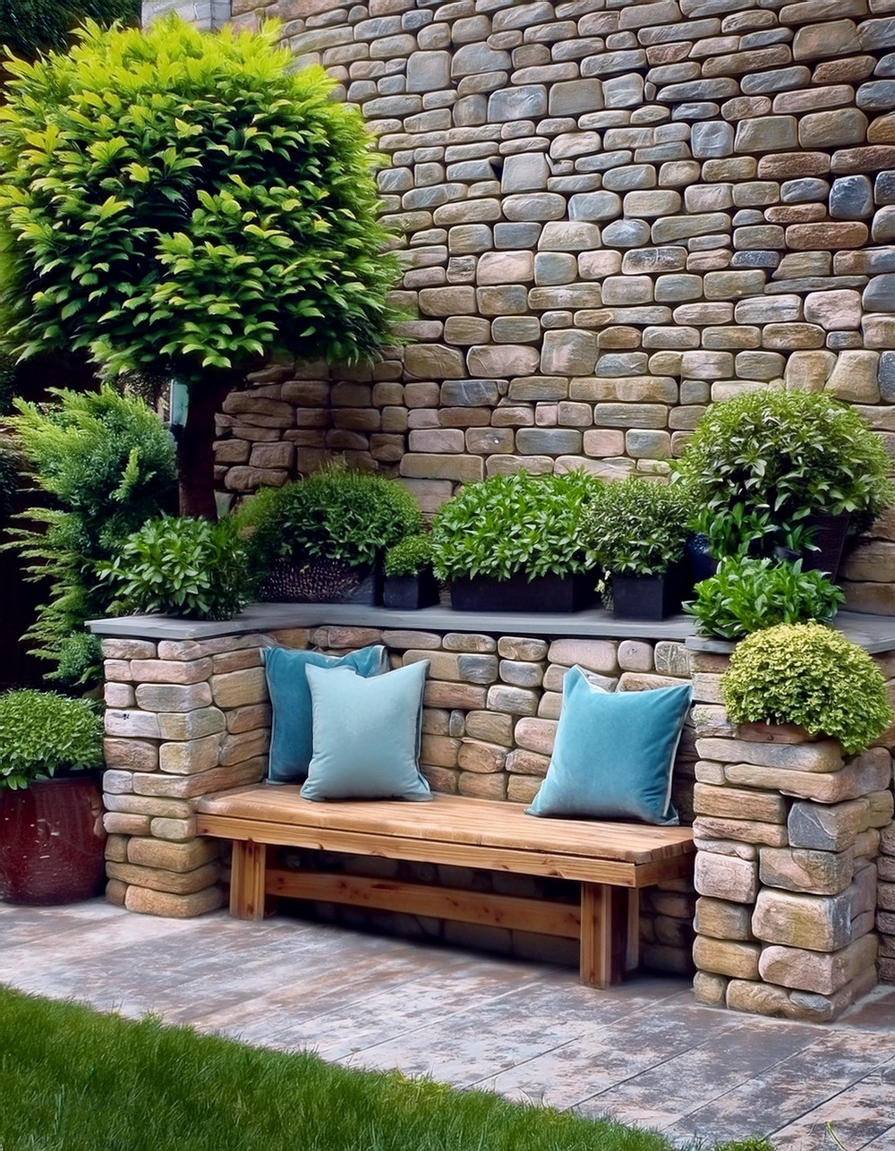 Stone Wall With Built-In Bench