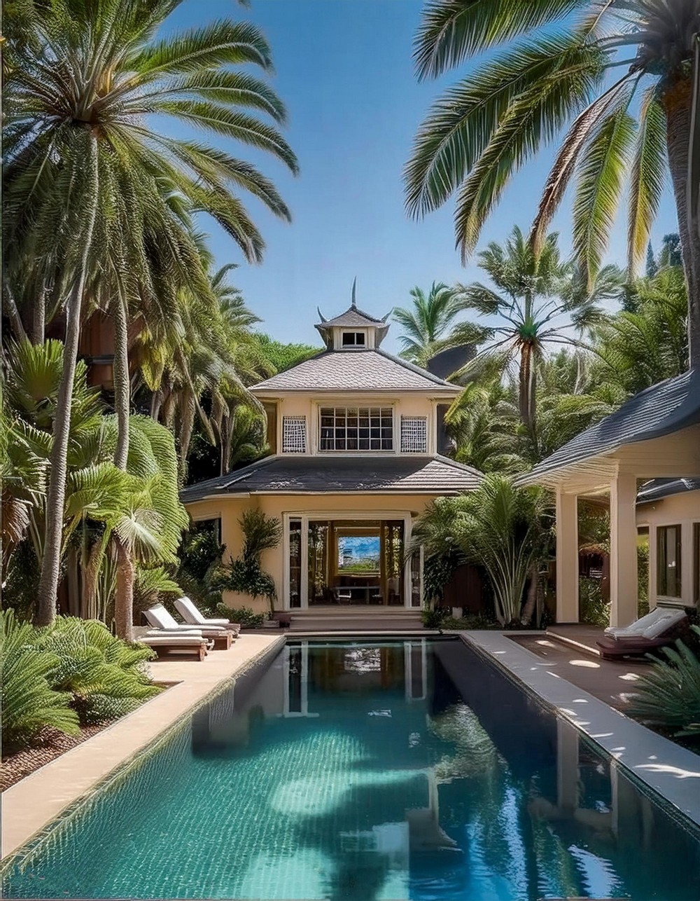 Tropical Pool House With Palm Trees