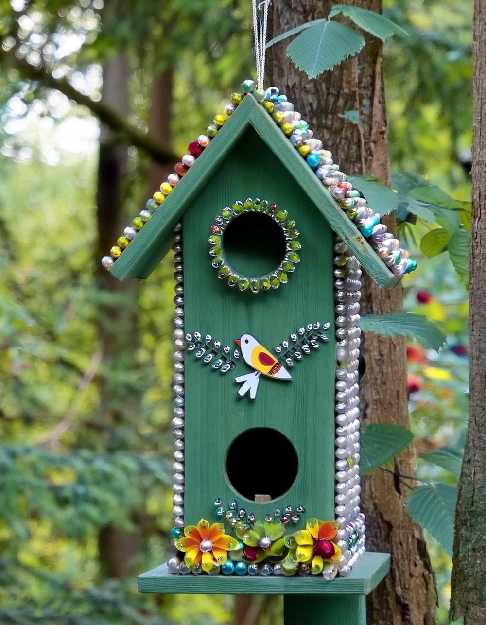 Upcycled Wine Bottle Birdhouse with Beaded Trim